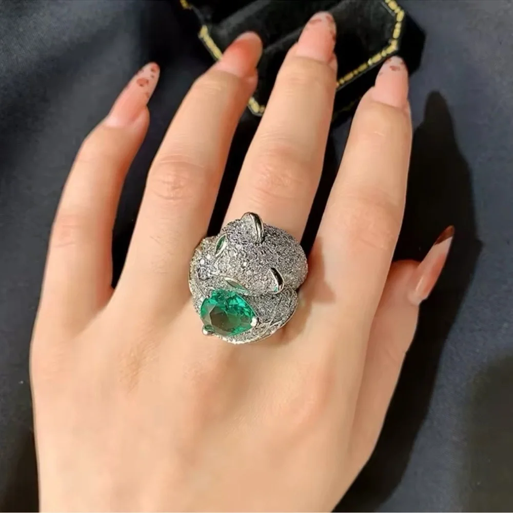Panthere Diamond Green Crystal Silver Ring